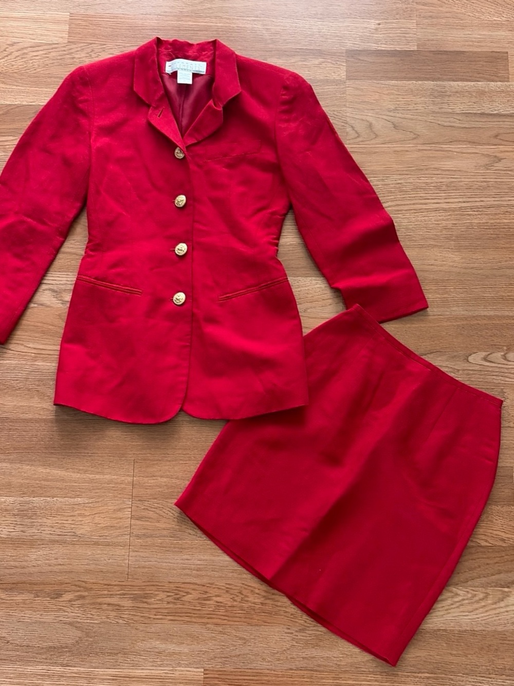 Vibrant Red Two-Piece Wool Skirt Suit with Gold Buttons